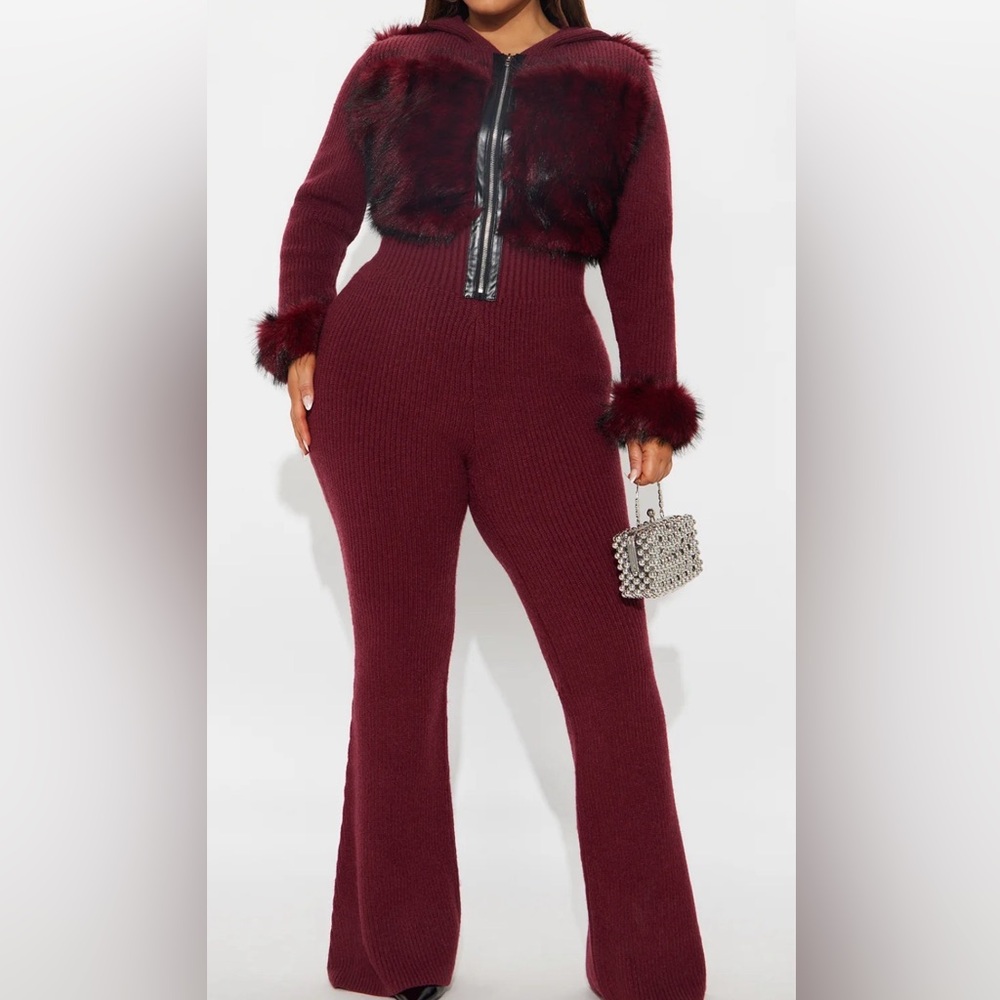 Fashion Nova Burgundy Knit Jumpsuit with Faux Fur